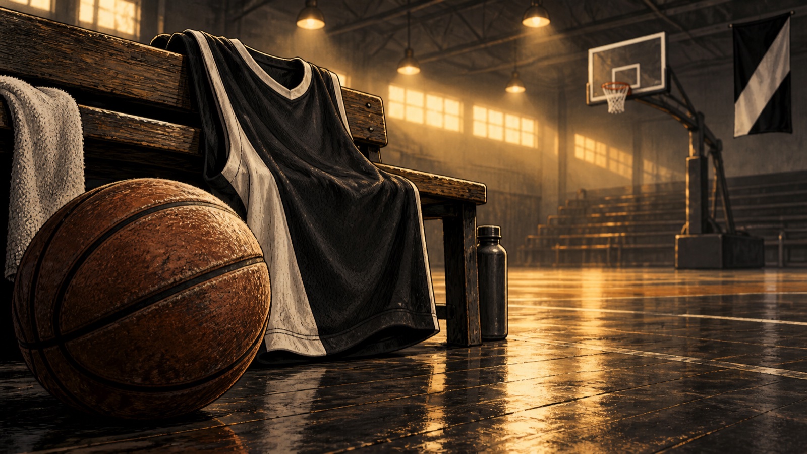 Yapay zekâ ile üretilmiş temsili illüstrasyon. Hazırlık maçlarını anlatan özgün çizim: basketbol topu, bankta armasız siyah-beyaz forma, arkada pota ve sade taraftar bayrağı. Temsili salon; Belgrad’daki maç yerlerini veya resmî takım ürününü göstermez.