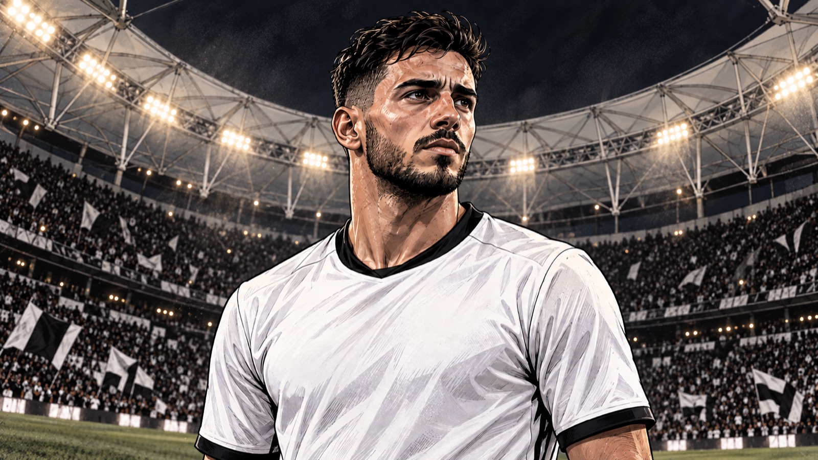 Yapay zekâ ile üretilmiş temsili illüstrasyon. Tüpraş Stadyumu’nun referans alınan kapalı tribünleri önünde, beyaz üstlü temsili futbolcu; gerçek oyuncu portresi veya maç fotoğrafı değildir. Stat arka planı mimari referansa göre yeniden çizildi; oyuncu temsili.