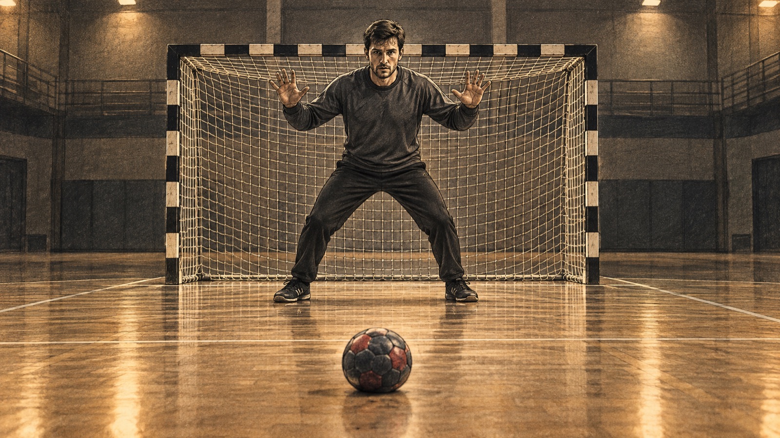 Yapay zekâ ile üretilmiş temsili illüstrasyon. Hentbol sahasında topuyla atışa hazırlanan siyah-beyaz kıyafetli temsili erkek sporcu. Temsili antrenman; gerçek bir maç anı değildir.
