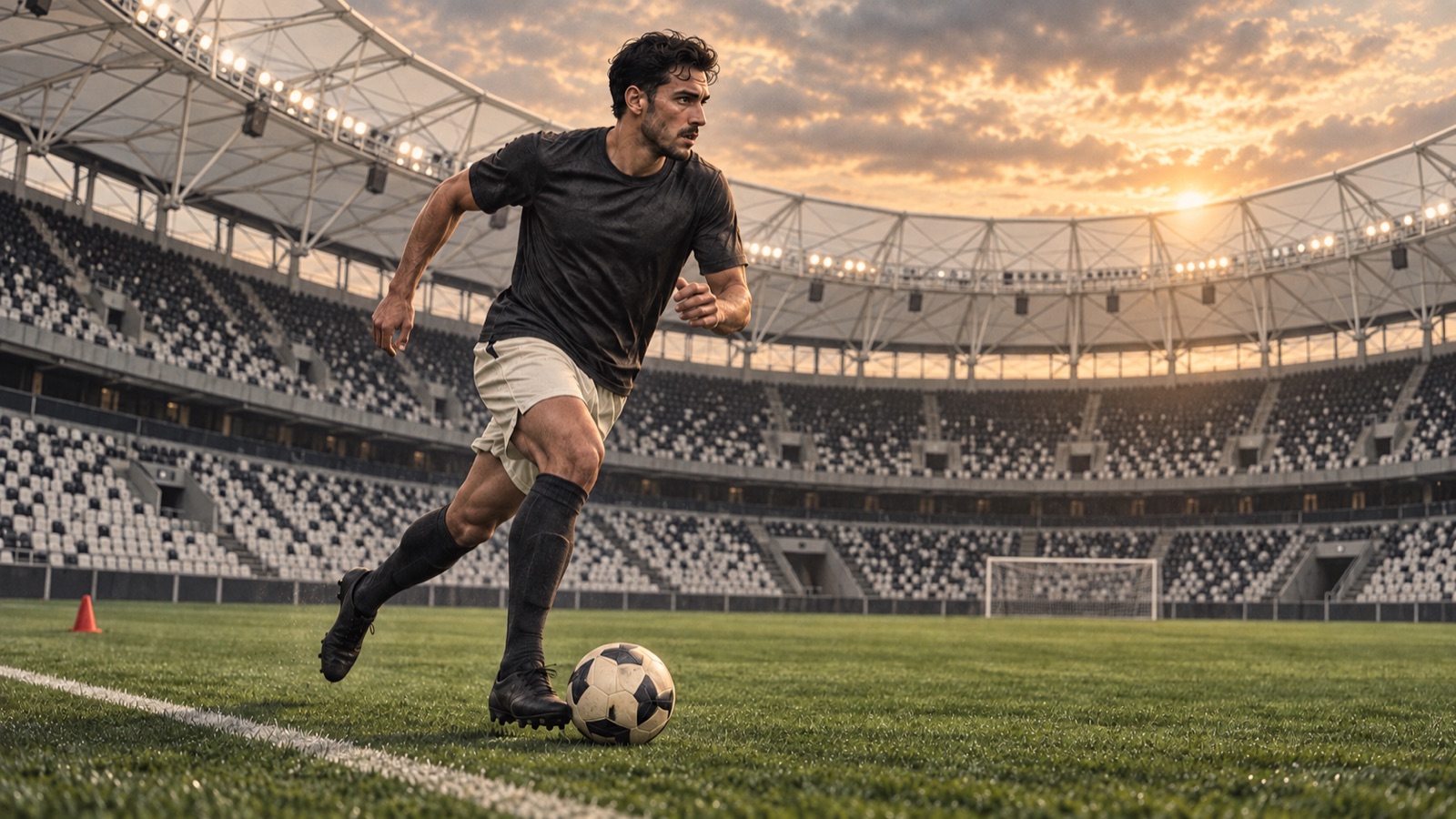 Yapay zekâ ile üretilmiş temsili illüstrasyon. Tüpraş Stadyumu’nun referanslı tribünleri önünde sol koridor hazırlığını simgeleyen temsili futbolcu ve top. Oyuncu hayalîdir; belgelenmiş antrenman veya gerçek kişi portresi değildir.