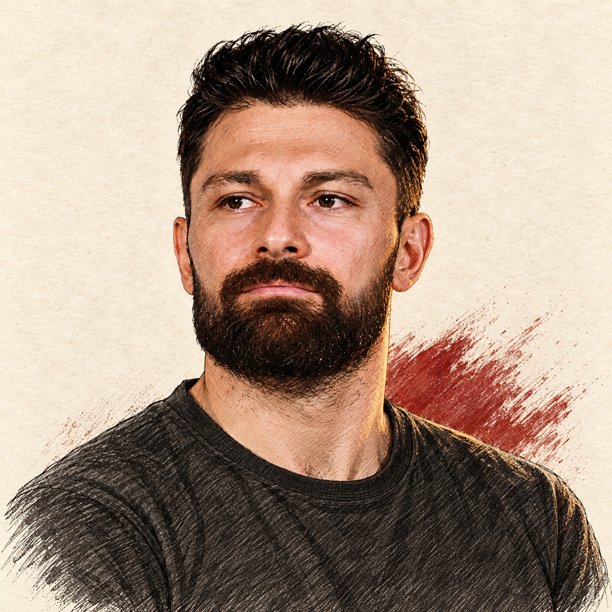 Yapay zekâ ile üretilmiş temsili illüstrasyon. Eren Tozlu — kimlik referansından çizilmiş, armasız siyah üstlü özgün Kara Mürekkep portresi.