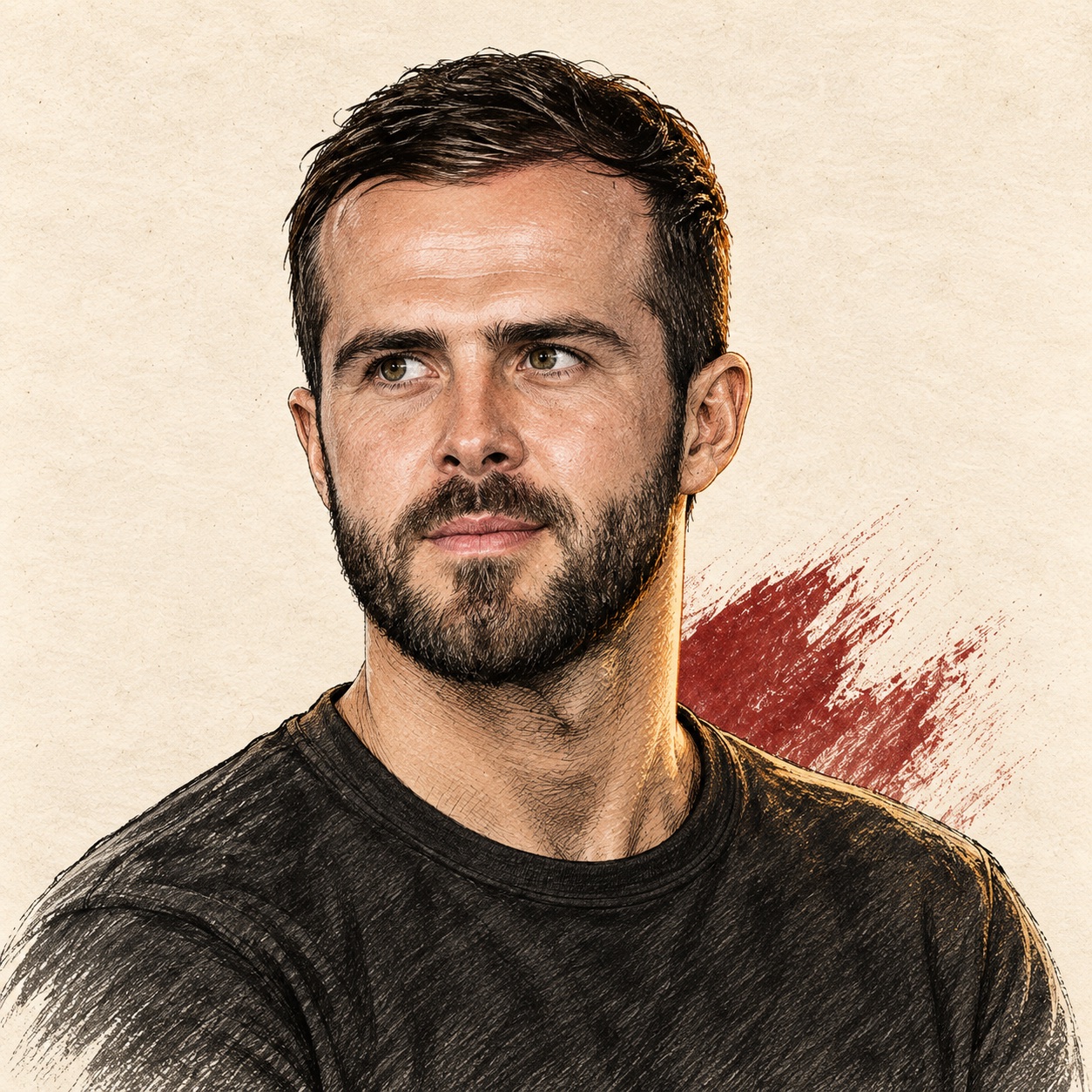 Yapay zekâ ile üretilmiş temsili illüstrasyon. Miralem Pjanić — resmî kimlik referansından çizilmiş özgün Kara Mürekkep portresi.