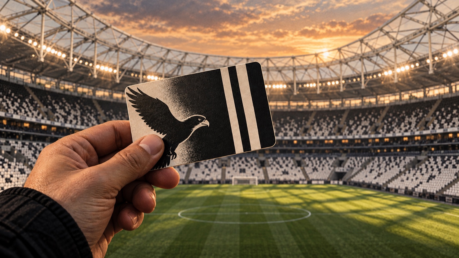 Yapay zekâ ile üretilmiş temsili illüstrasyon. Tüpraş Stadyumu’nun referanslı tribün mimarisi önünde elde tutulan, markasız siyah-beyaz temsili sezonluk giriş kartı. Kart özgün ve temsilidir; gerçek Passo ürünü değildir.