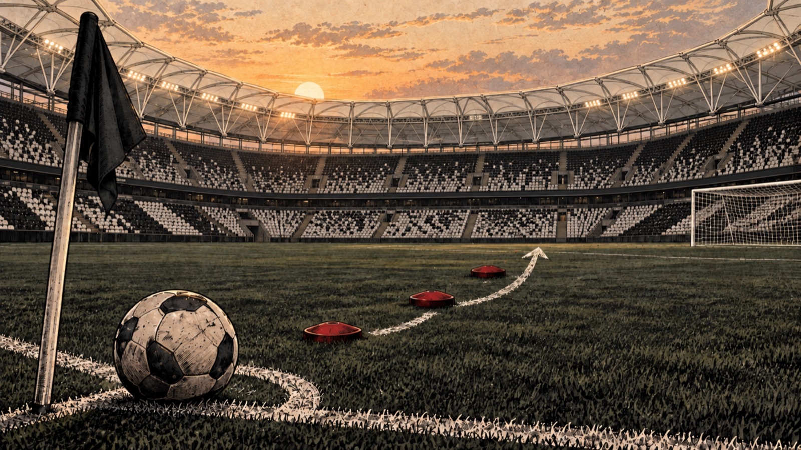 Yapay zekâ ile üretilmiş temsili illüstrasyon. Tüpraş Stadyumu’nun referanslı çatı ve tribünleriyle, sahada üç kırmızı hazırlık diski, top ve köşe bayrağı. Avrupa hazırlığına kavramsal yorum; yaşanmış idmanın fotoğrafı değildir.