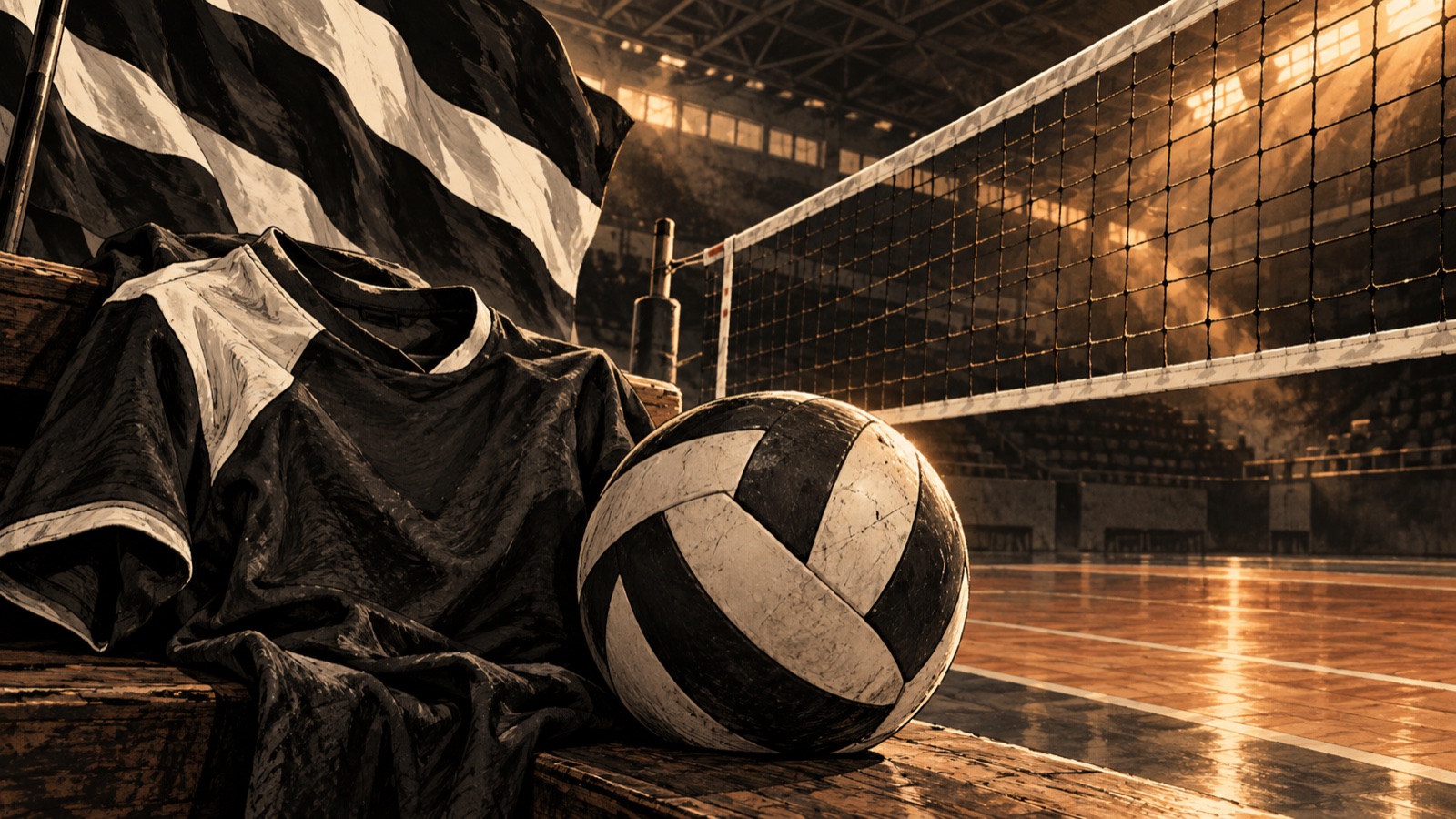 Yapay zekâ ile üretilmiş temsili illüstrasyon. Voleybol sezonu hazırlığını anlatan özgün çizim: file önünde voleybol topu, armasız siyah-beyaz forma ve dalgalanan sade taraftar bayrağı. Kavramsal sezon hazırlığı; duyurulmuş bir maç, gerçek salon veya resmî ürün görüntüsü değildir.