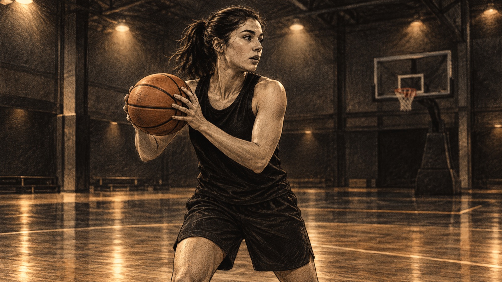 Yapay zekâ ile üretilmiş temsili illüstrasyon. Parkede basketbol topuyla hazırlanan, siyah-beyaz antrenman kıyafetli temsili kadın sporcu. Branşı anlatan temsili sporcu; gerçek oyuncu portresi değildir.