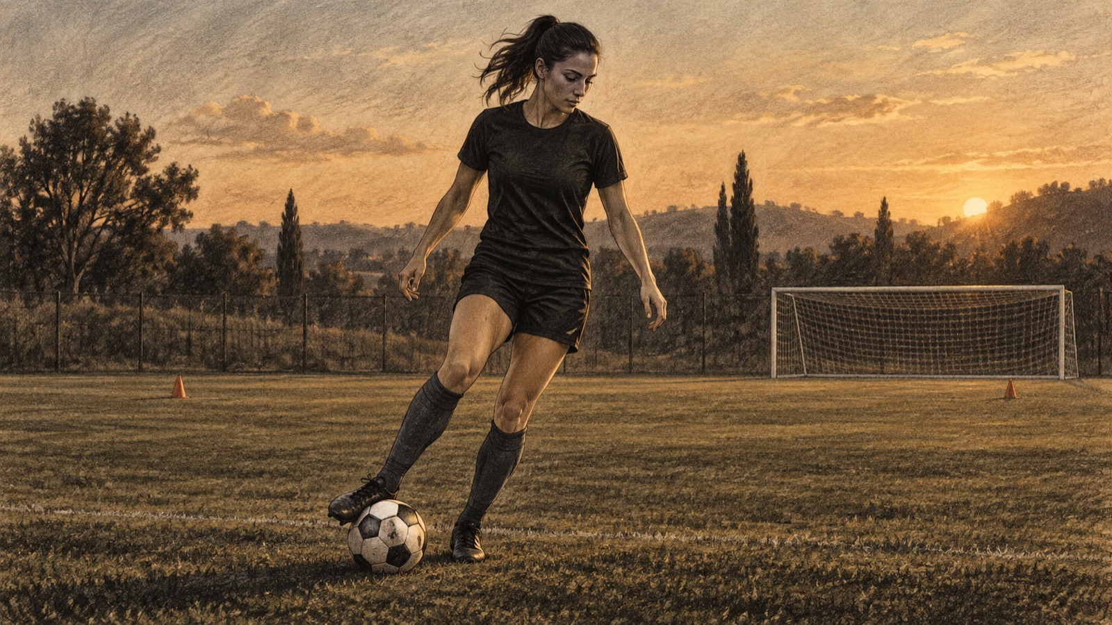 Yapay zekâ ile üretilmiş temsili illüstrasyon. Çim sahada topla antrenman yapan siyah-beyaz kıyafetli temsili kadın futbolcu. Temsili antrenman; gerçek oyuncu portresi değildir.